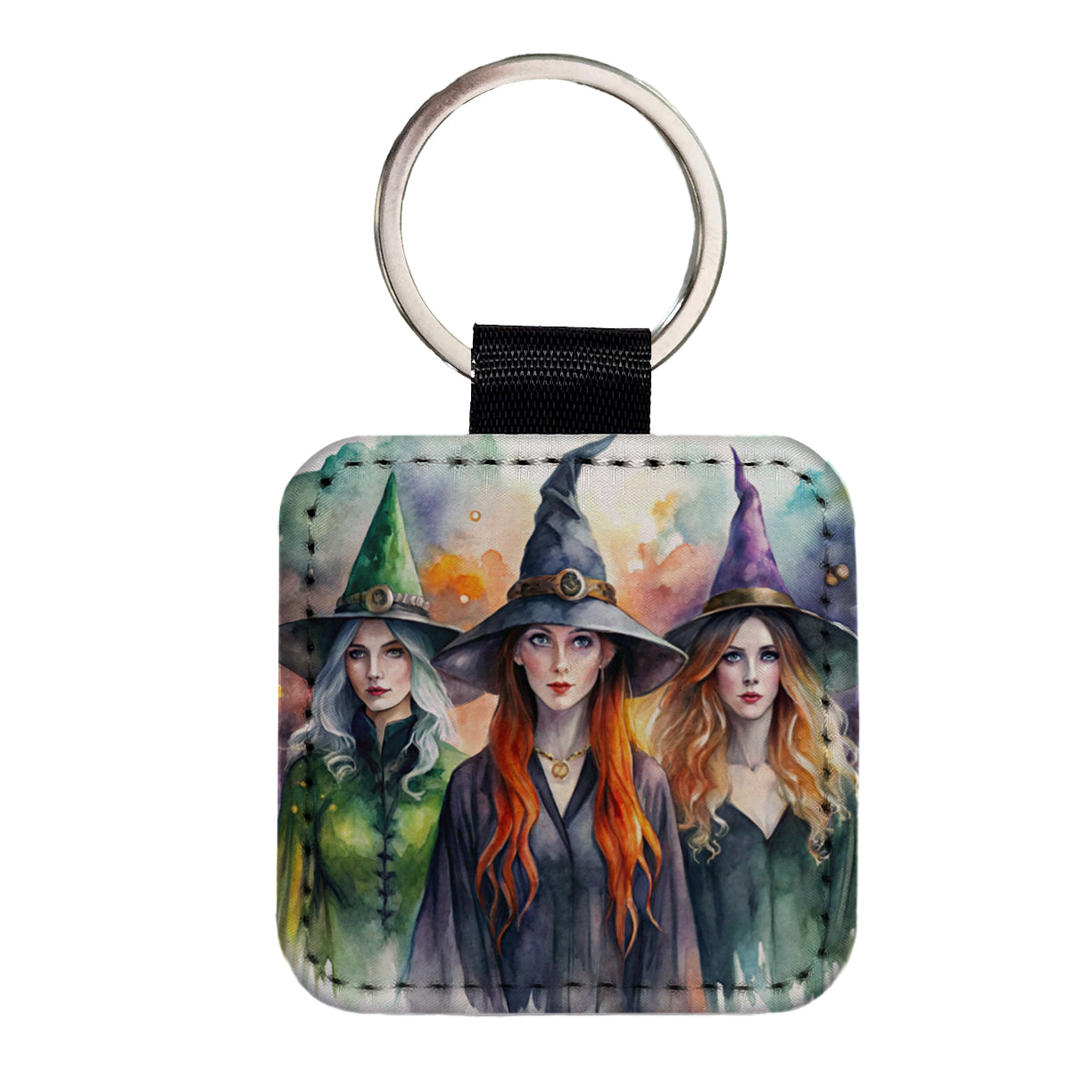 Coven Of Witches Watercolor Square Faux Leather Keychain