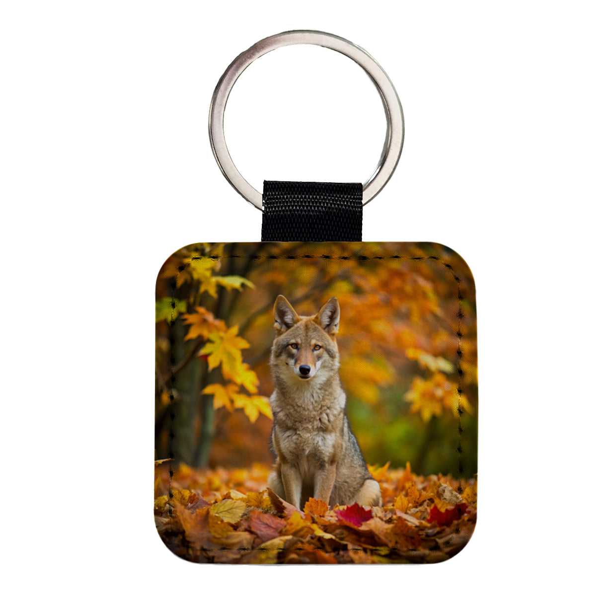 Coyote Sitting In The Fall Leaves Square Faux Leather Keychain