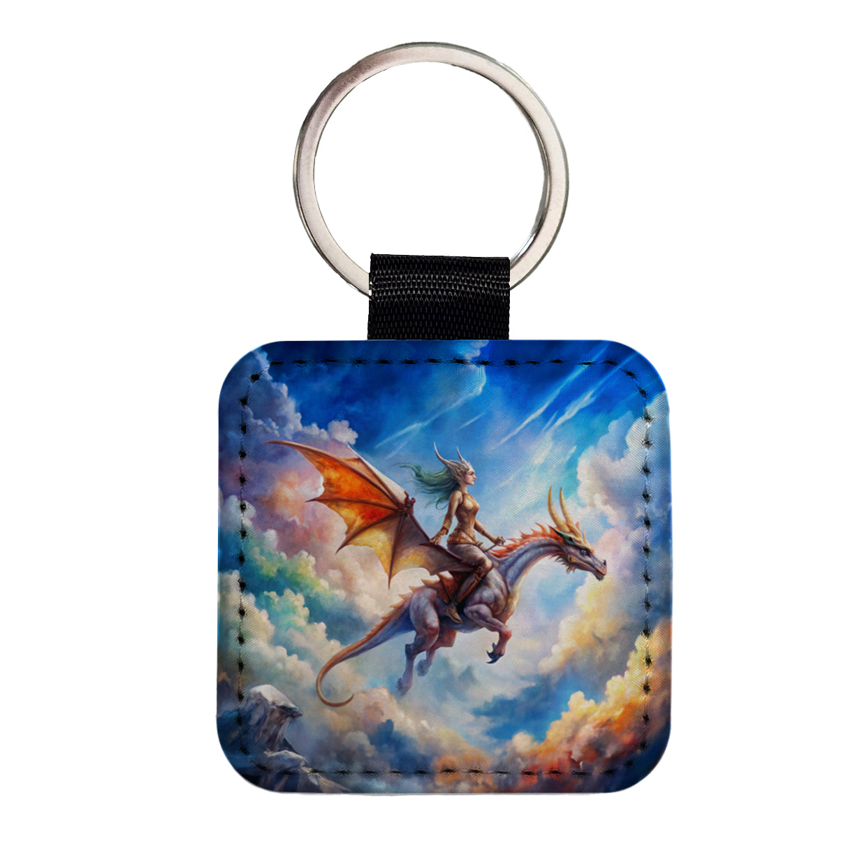 Dragon and Rider Flying Watercolor Square Faux Leather Keychain