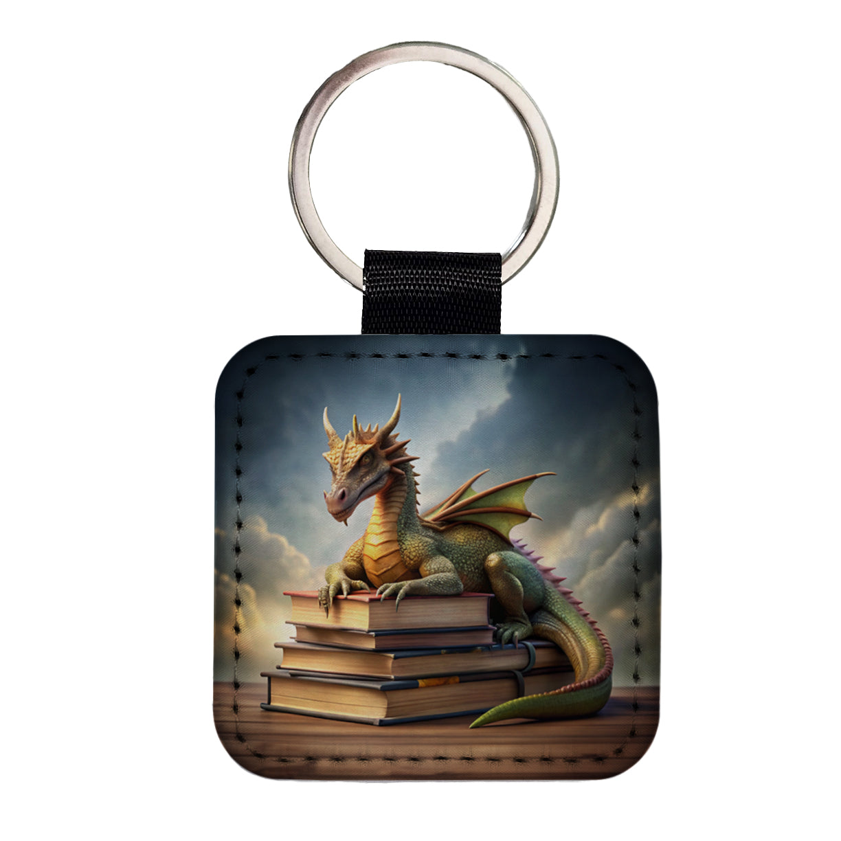 Dragon Laying On Top Of Books Reading Square Faux Leather Keychain