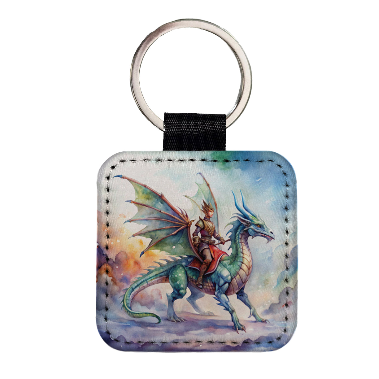 Dragon Rider Watercolor Square Faux Leather Keychain