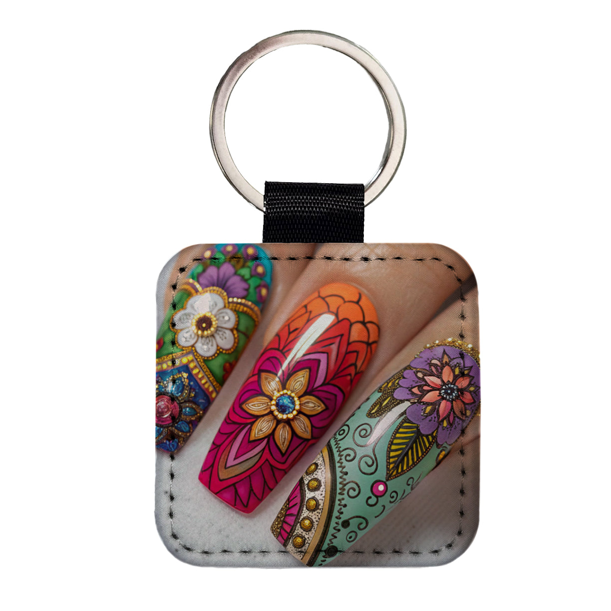 Elaborately Painted Decorated Finger Nails Square Faux Leather Keychain