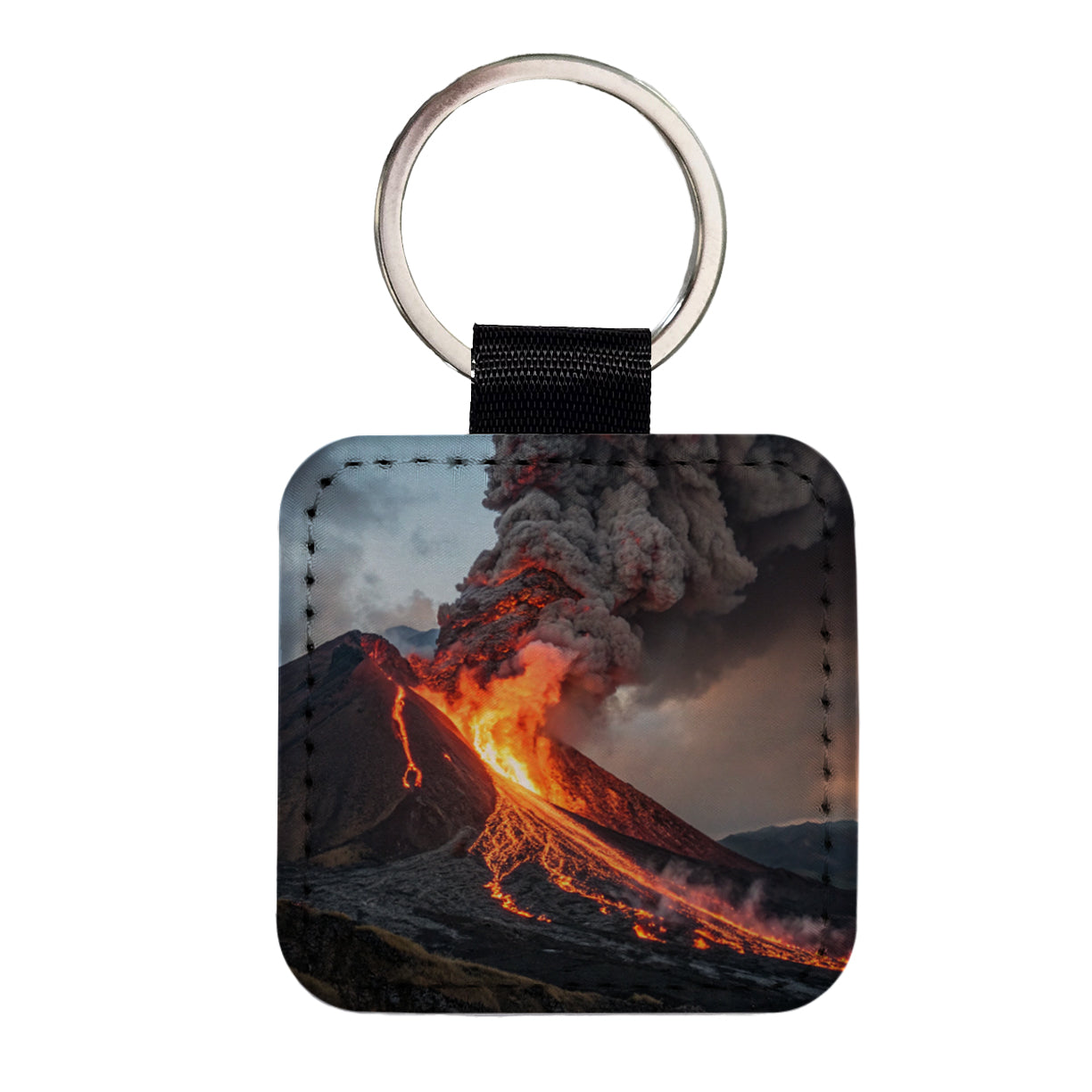 Erupting Volcano with Lava Trails Square Faux Leather Keychain