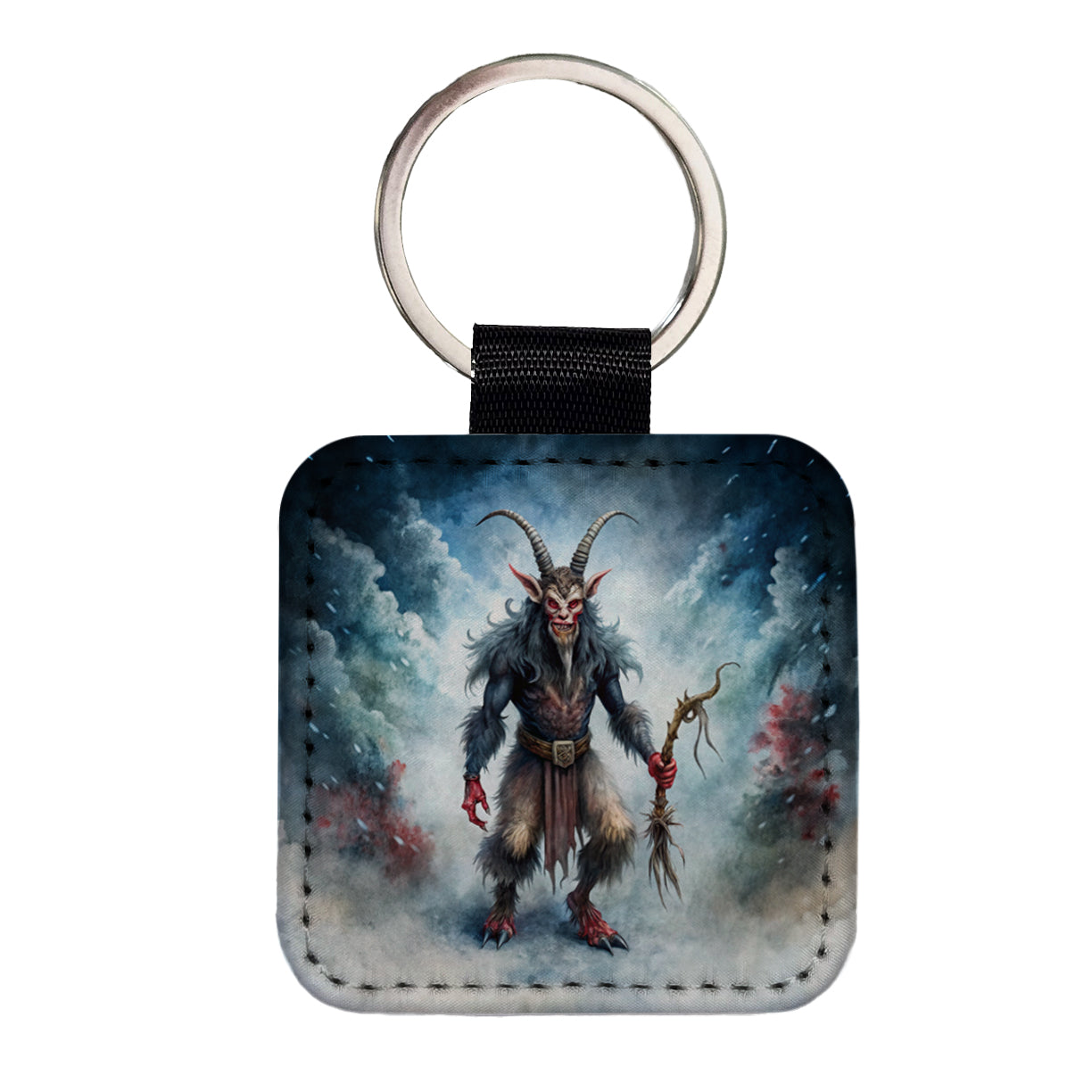 Evil Krampus Black Watercolor Christmas Square Faux Leather Keychain