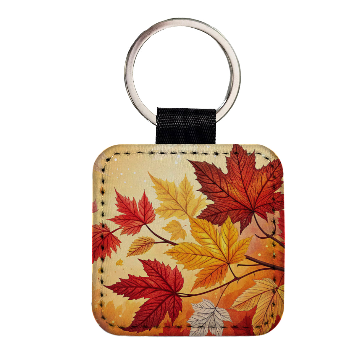 Fall Autumn Leaves Design Square Faux Leather Keychain