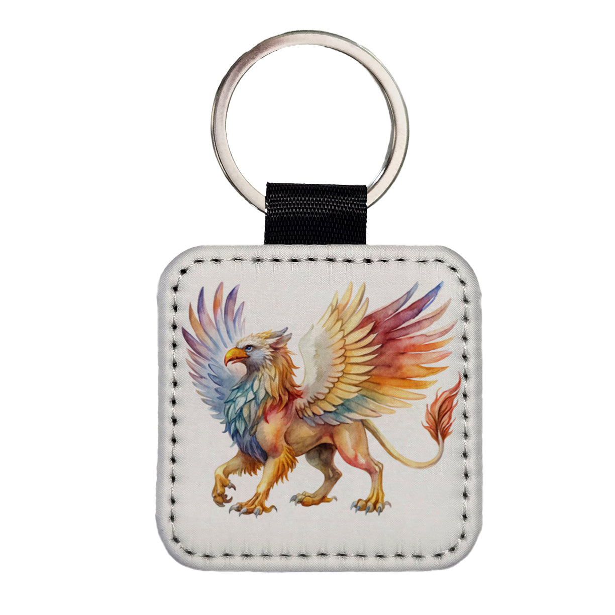 Fantasy Griffin Mythical Creature Watercolor Square Faux Leather Keychain