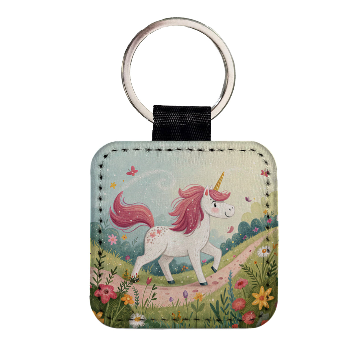Fantasy Unicorn Children's Illustration Style Square Faux Leather Keychain