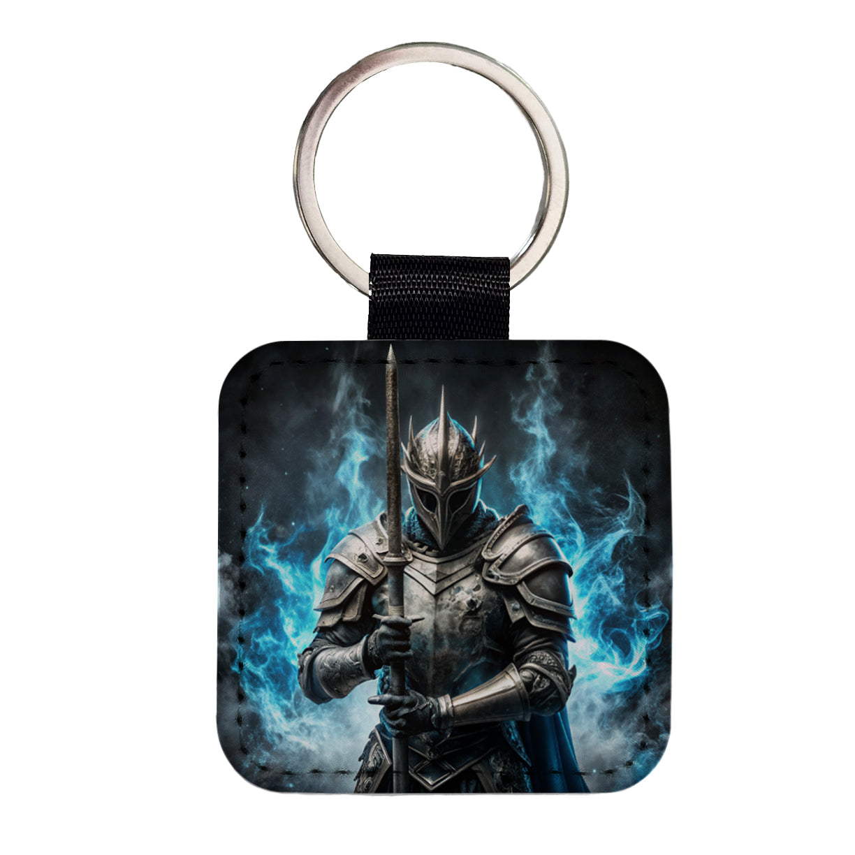 Fantasy Warrior Knight Blue Flames Square Faux Leather Keychain