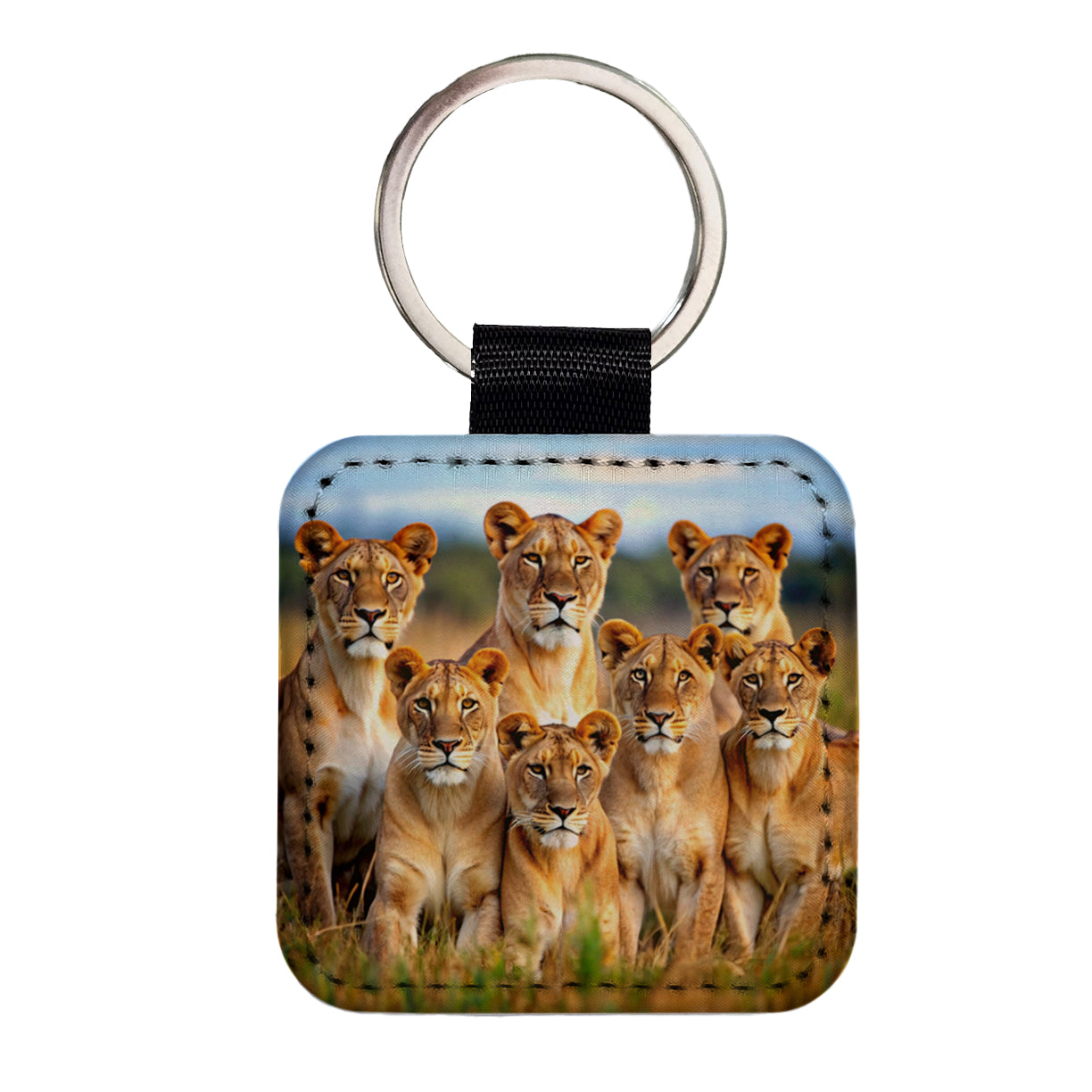 Female Lions Square Faux Leather Keychain