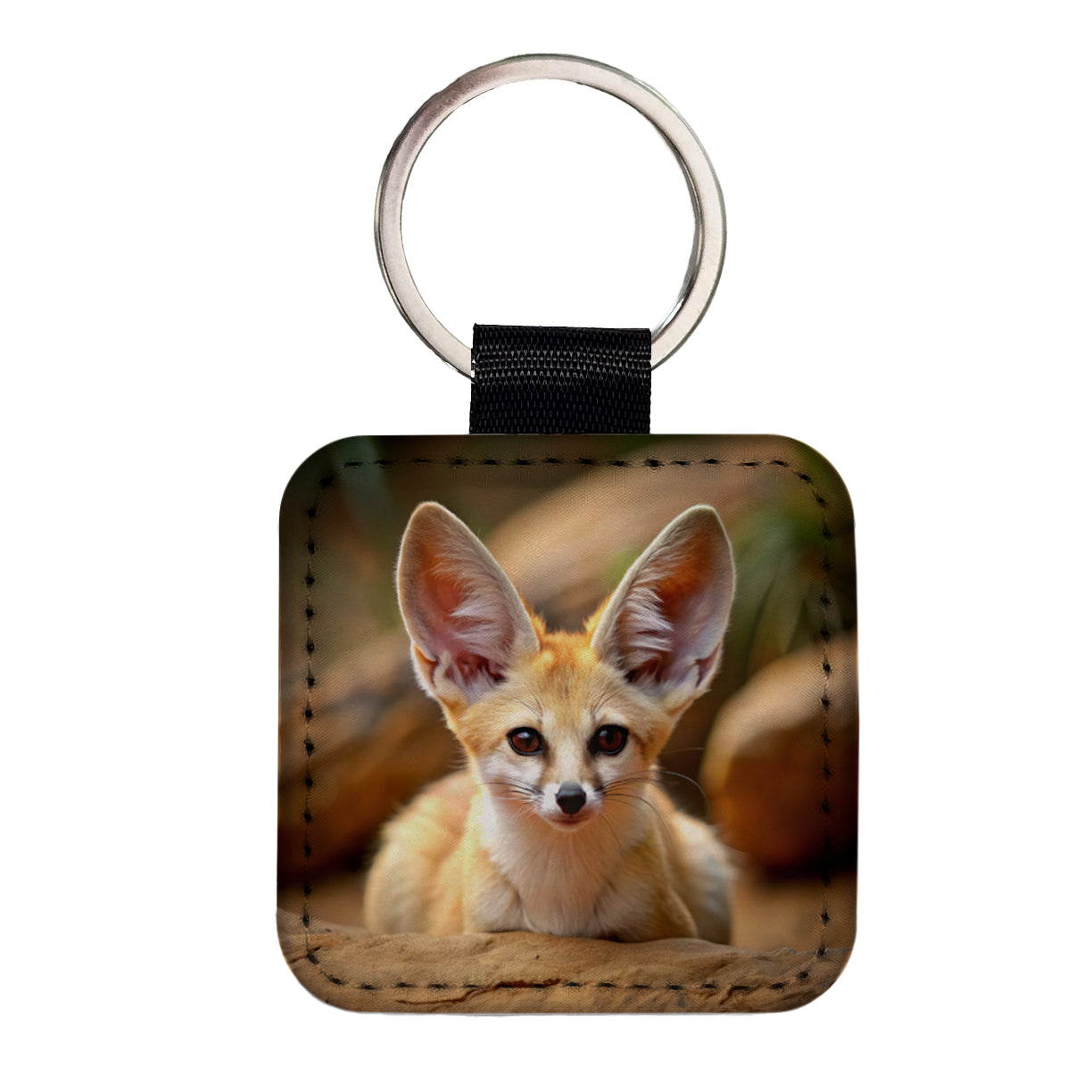 Fennec Fox Square Faux Leather Keychain