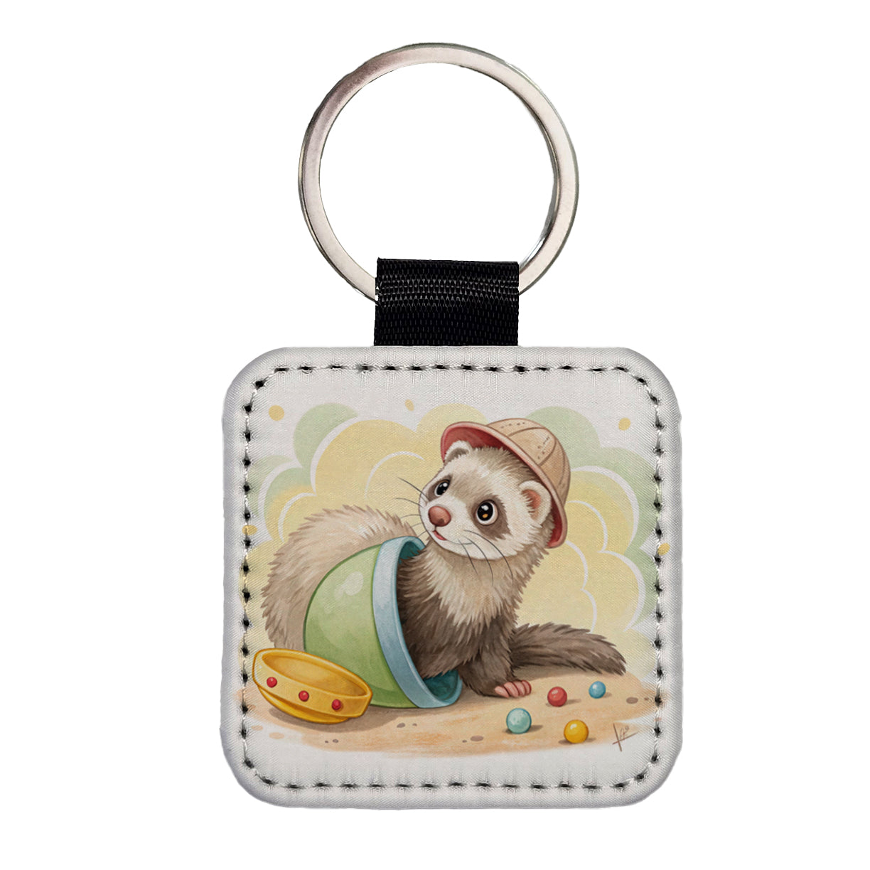 Ferret Children's Illustration Style Square Faux Leather Keychain