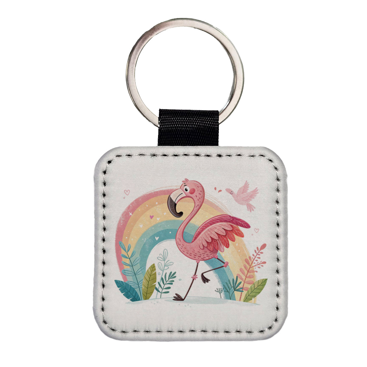 Flamingo and Rainbow Children's Illustration Style Square Faux Leather Keychain