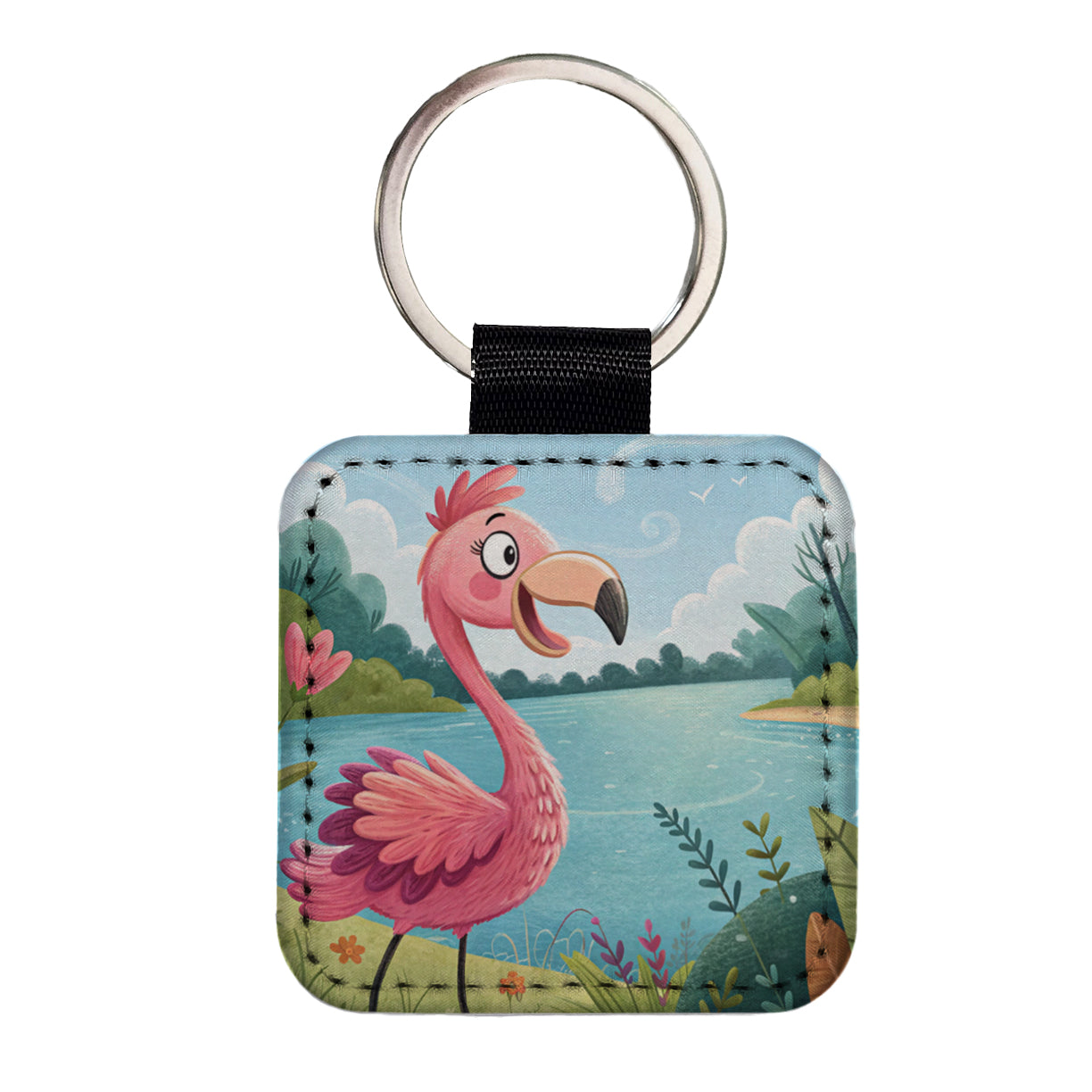 Flamingo Children's Illustration Style Square Faux Leather Keychain