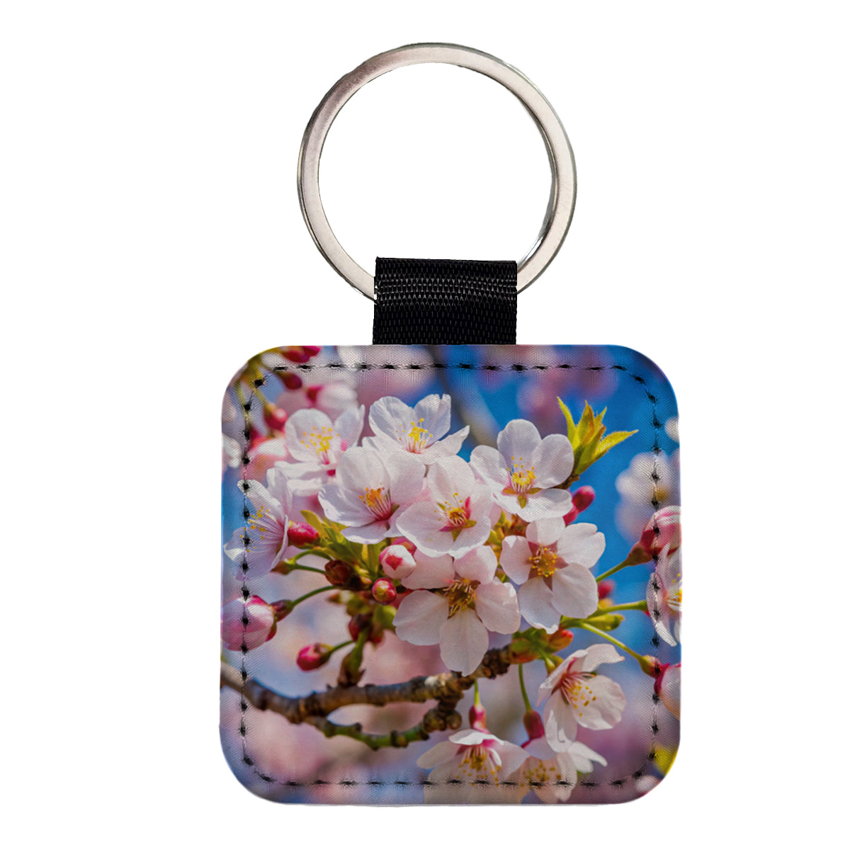 Flowering Cherry Tree Branch Square Faux Leather Keychain