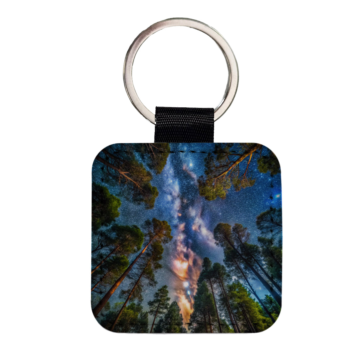 Forest Trees and Starry Night Sky Square Faux Leather Keychain