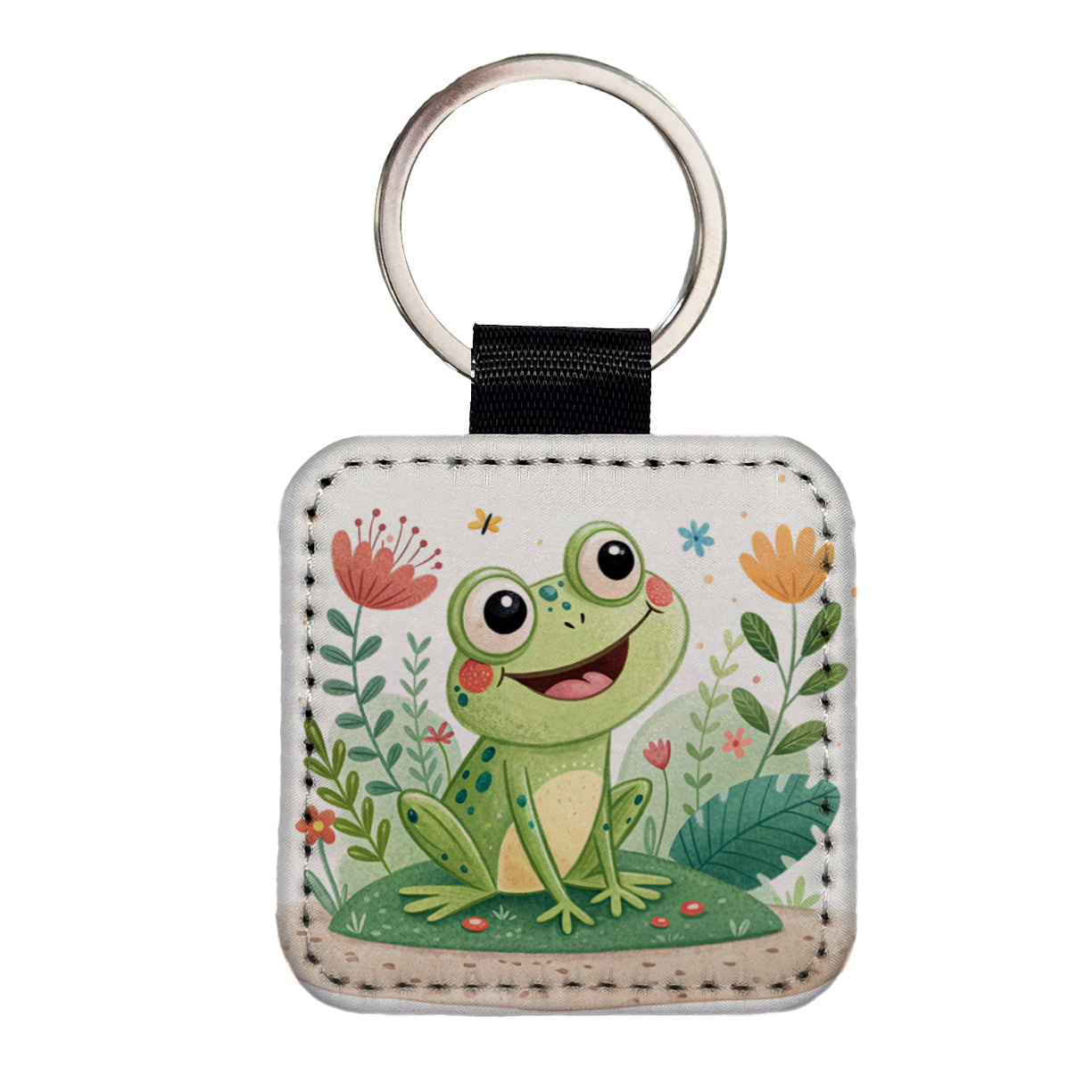 Frog Children's Illustration Style Square Faux Leather Keychain