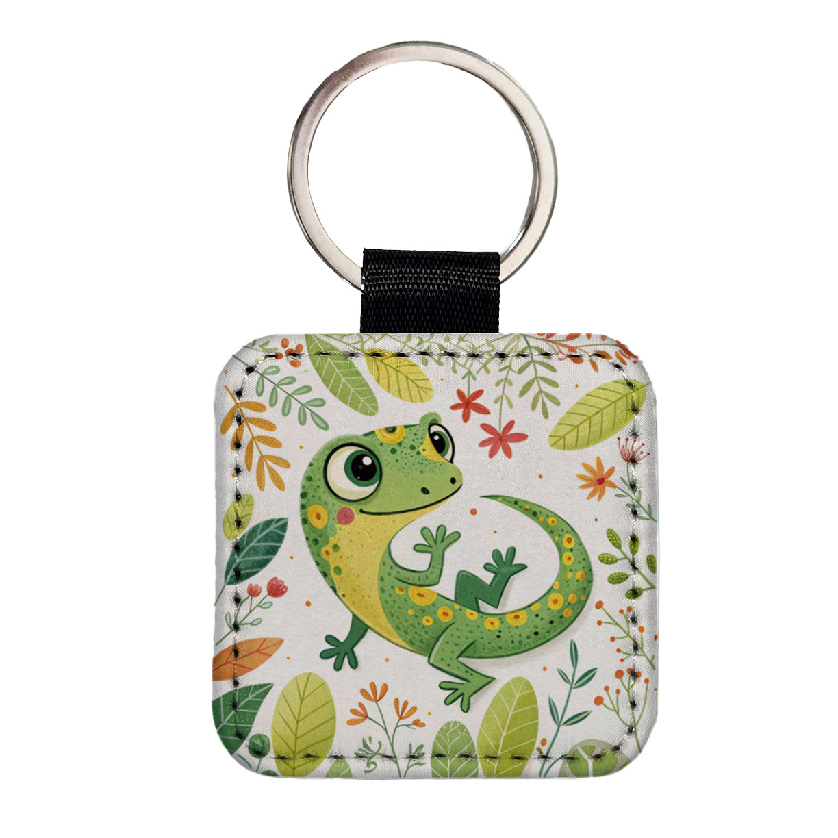 Gecko Lizard Children's Illustration Style Square Faux Leather Keychain
