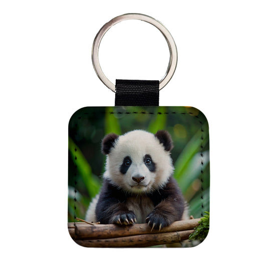 Giant Panda Baby Square Faux Leather Keychain