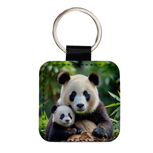 Giant Panda Mother With Baby Square Faux Leather Keychain