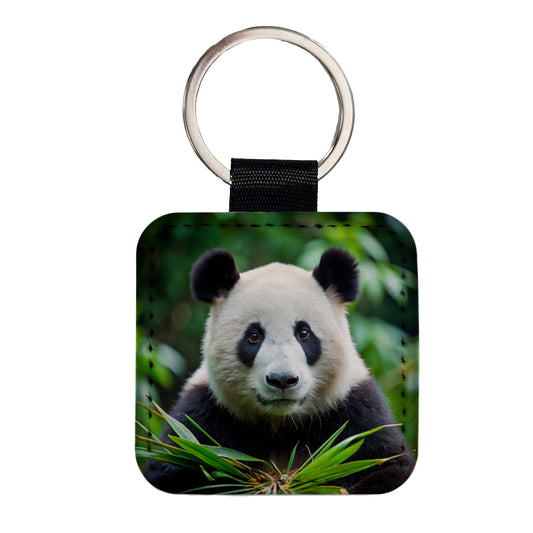 Giant Panda Square Faux Leather Keychain
