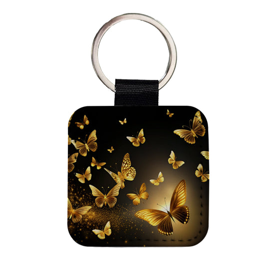 Gold Butterflies Flying Square Faux Leather Keychain