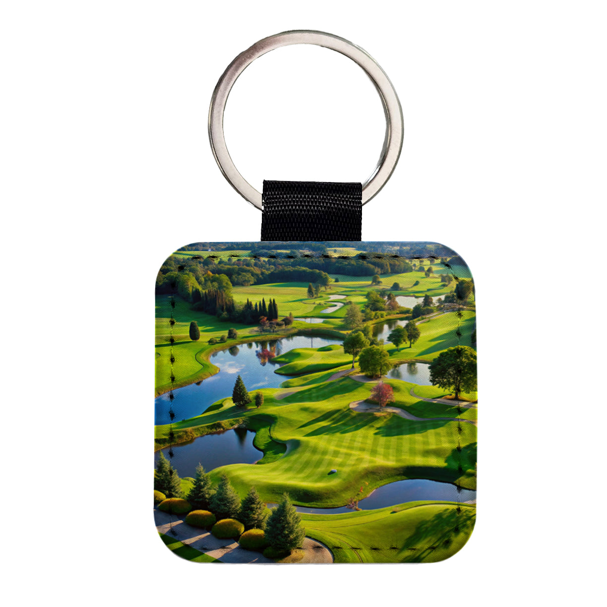 Golf Course Overview Square Faux Leather Keychain