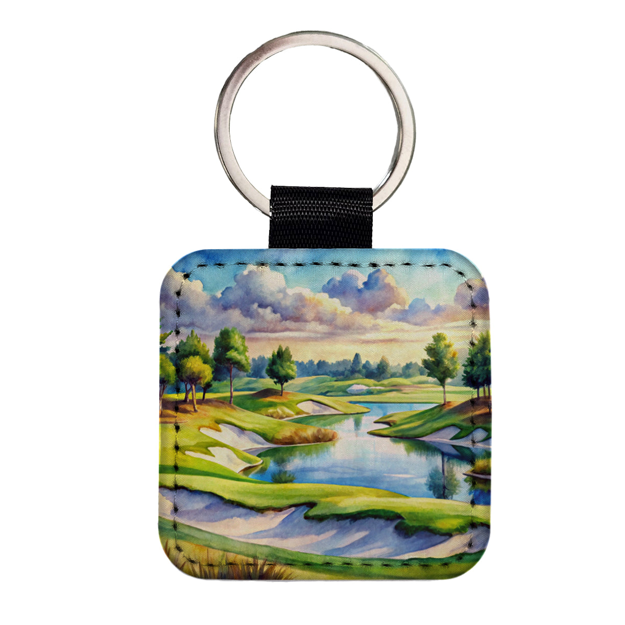 Golf Course With Sand Traps And Lake Watercolor Square Faux Leather Keychain