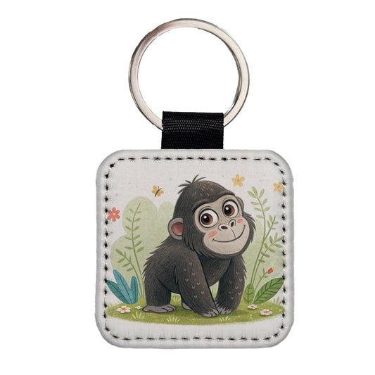 Gorilla Ape Children's Illustration Style Square Faux Leather Keychain