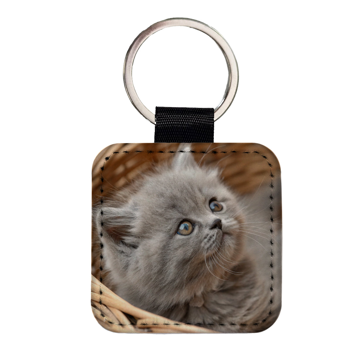 Gray British Longhair Kitten in a Basket Square Faux Leather Keychain