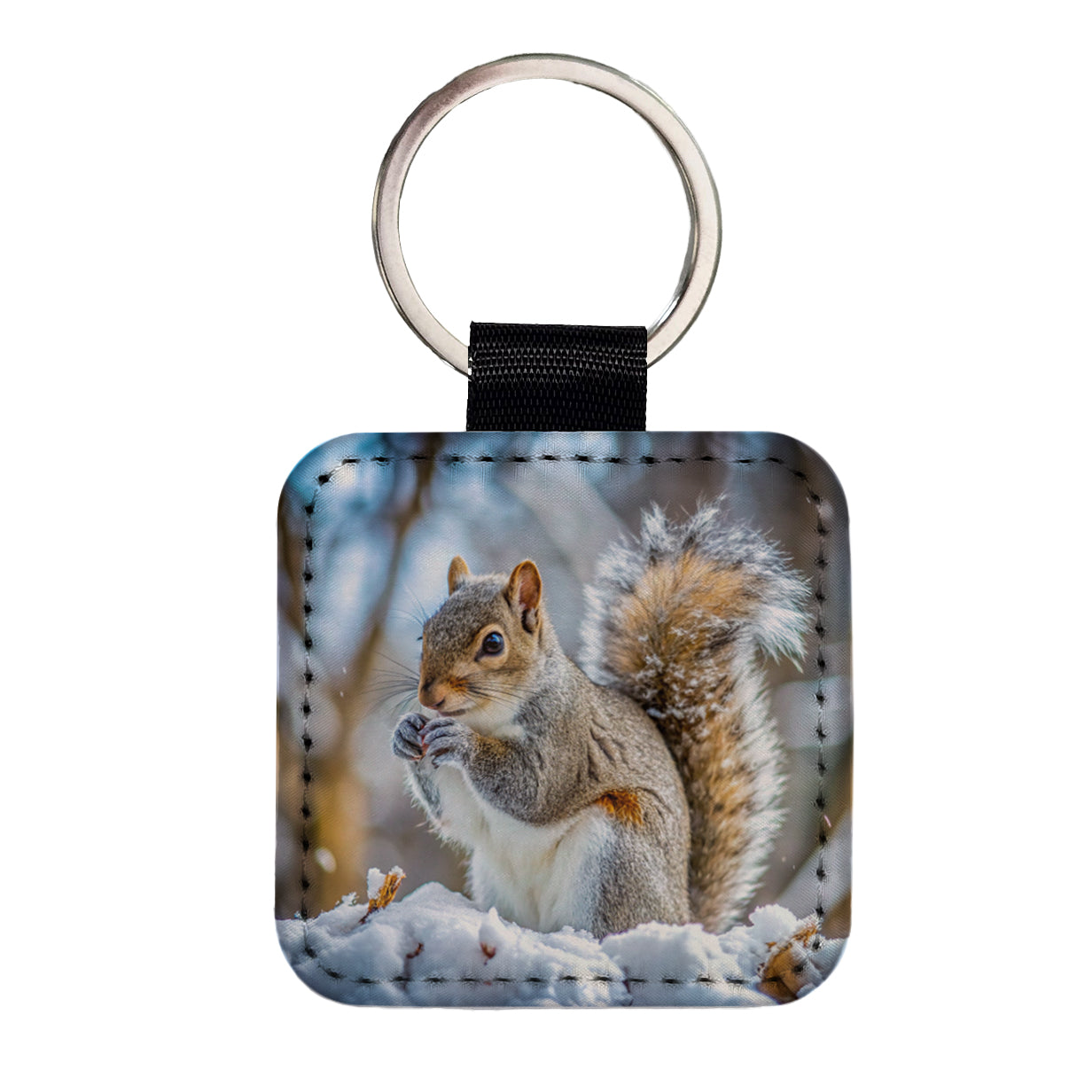 Gray Squirrel In Winter Square Faux Leather Keychain