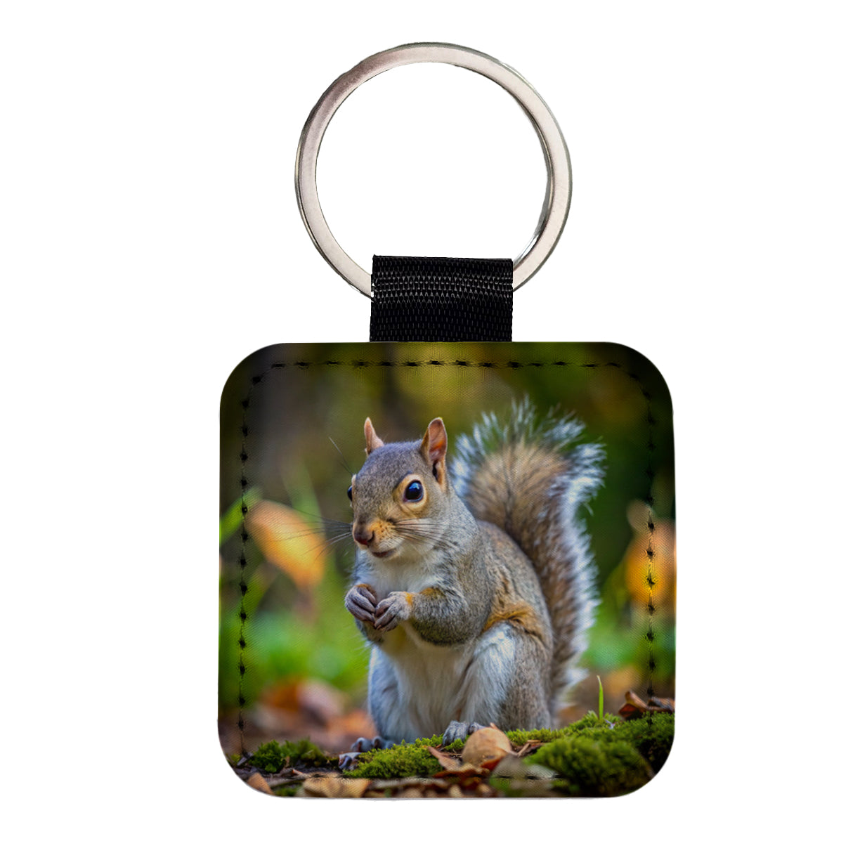 Gray Squirrel Square Faux Leather Keychain