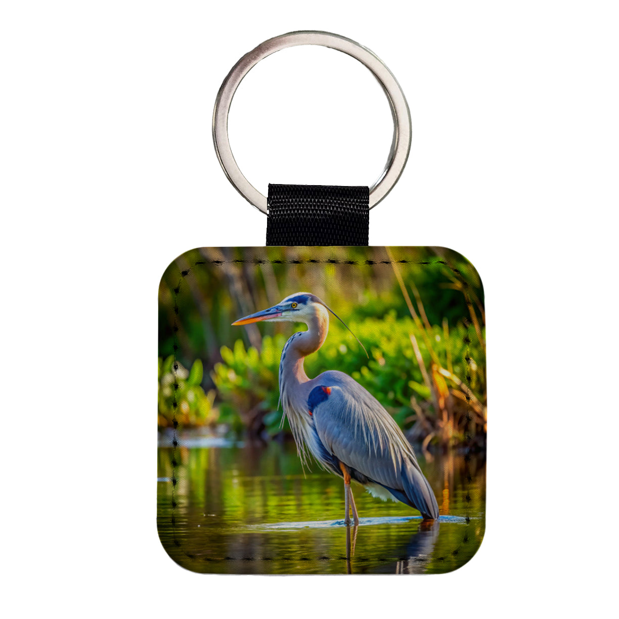 Great Blue Heron Square Faux Leather Keychain