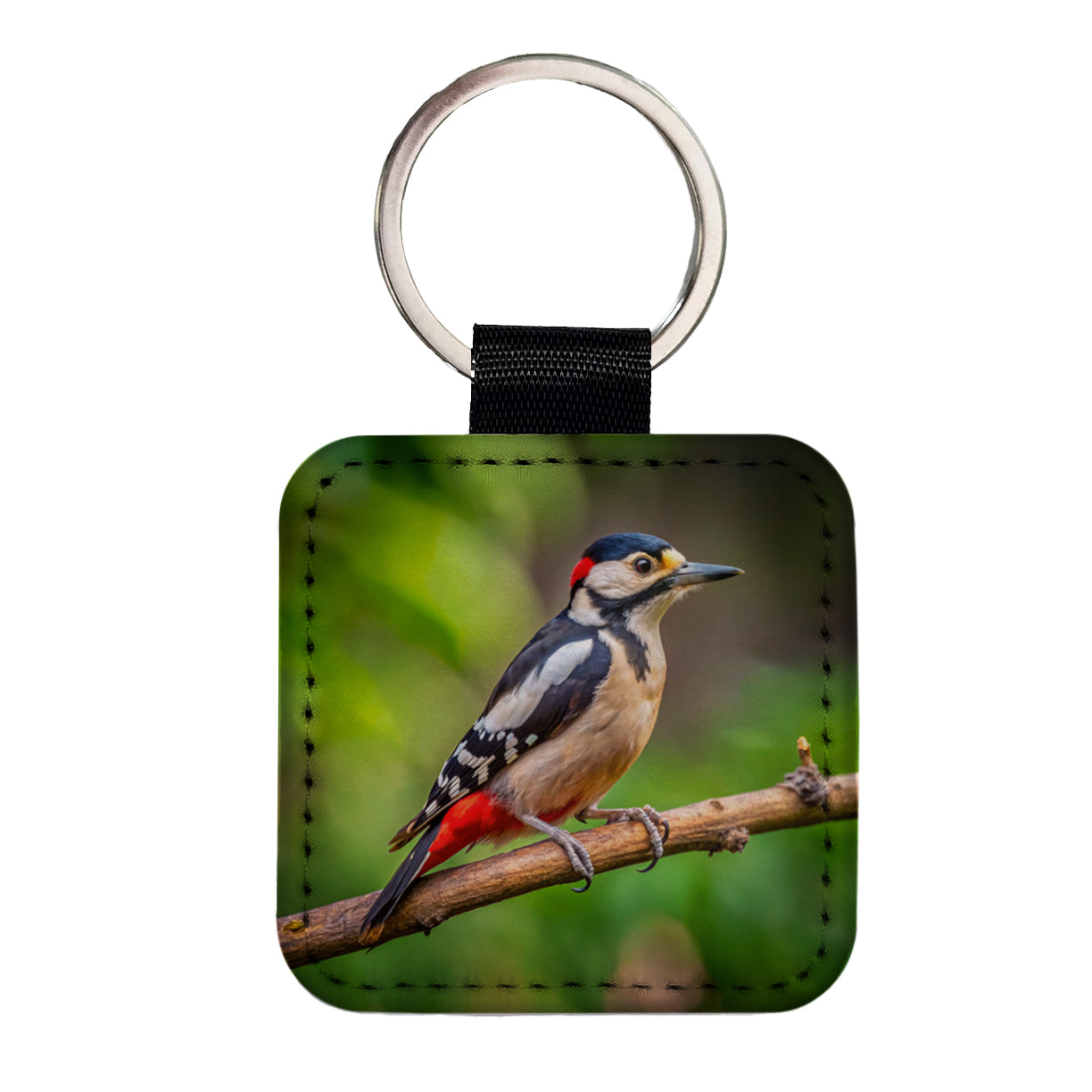 Great Spotted Woodpecker Backyard Bird Square Faux Leather Keychain
