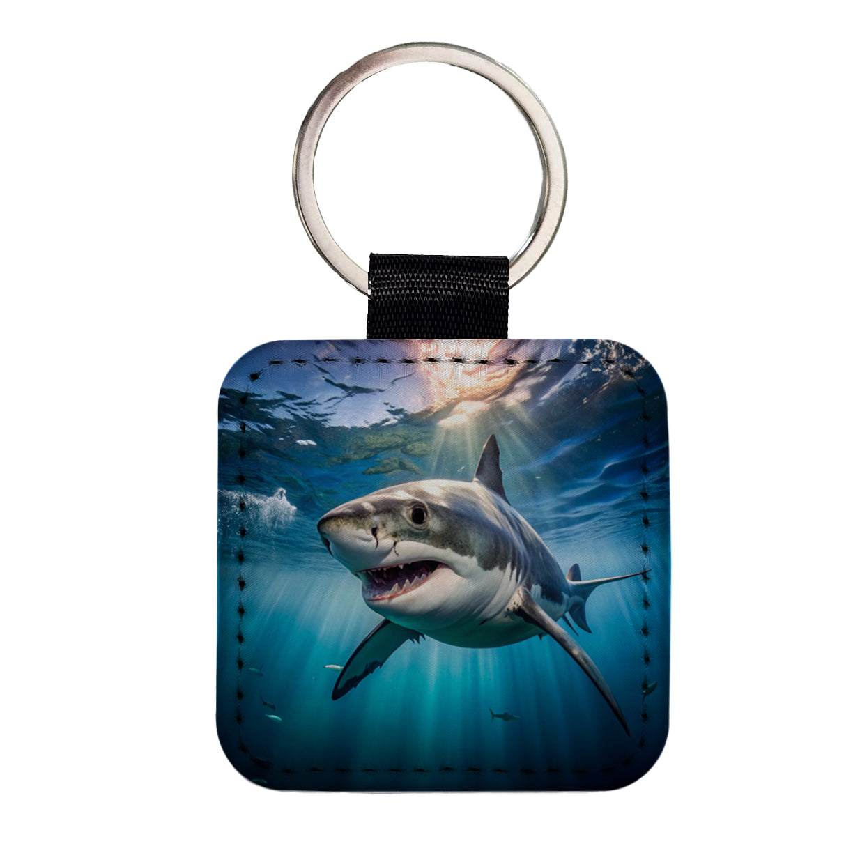 Great White Shark in the Ocean Square Faux Leather Keychain