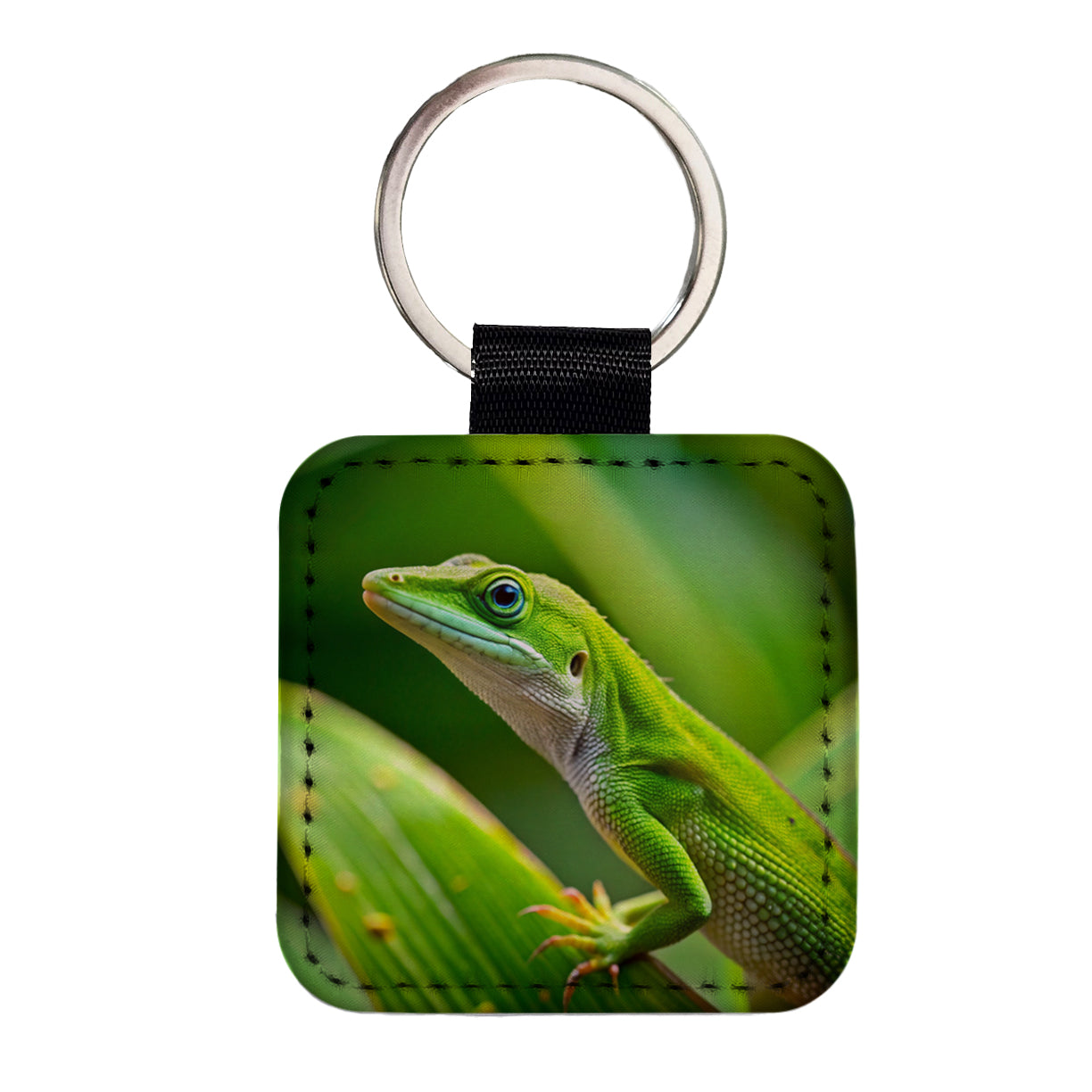 Green Anole Lizard Reptile Square Faux Leather Keychain