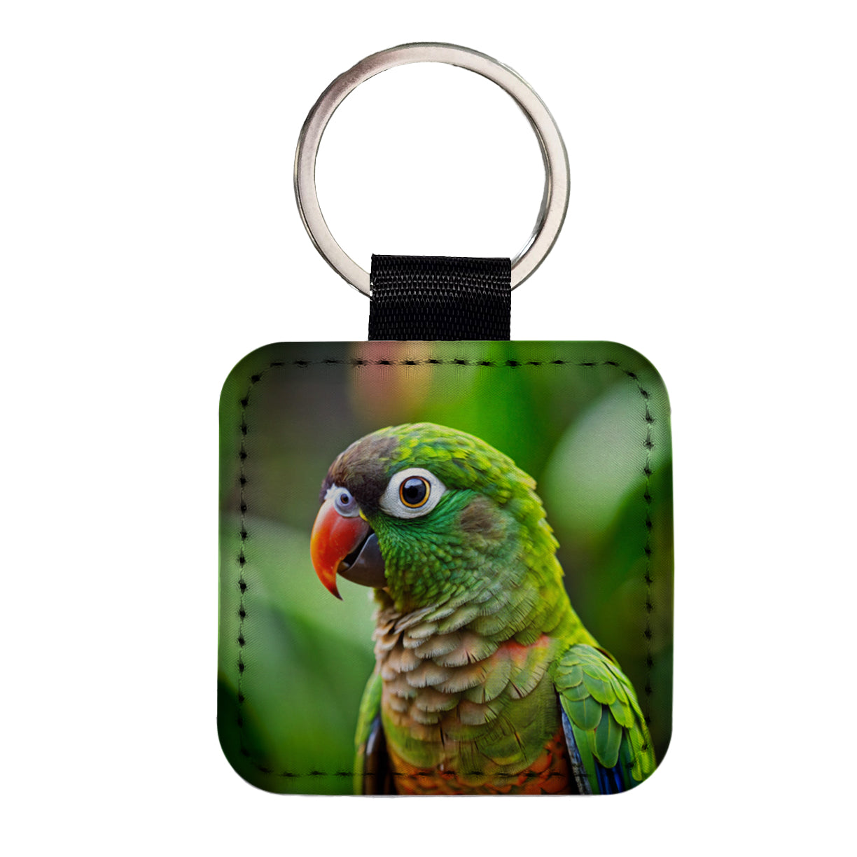 Green Conure Parakeet Bird Square Faux Leather Keychain