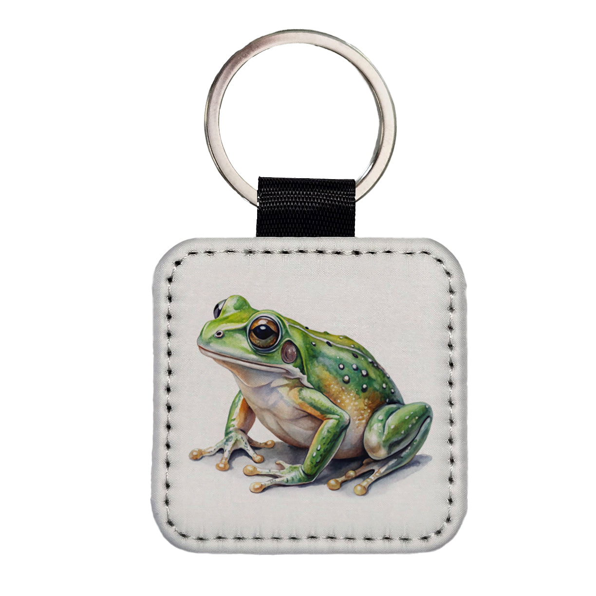 Green Frog Watercolor Square Faux Leather Keychain