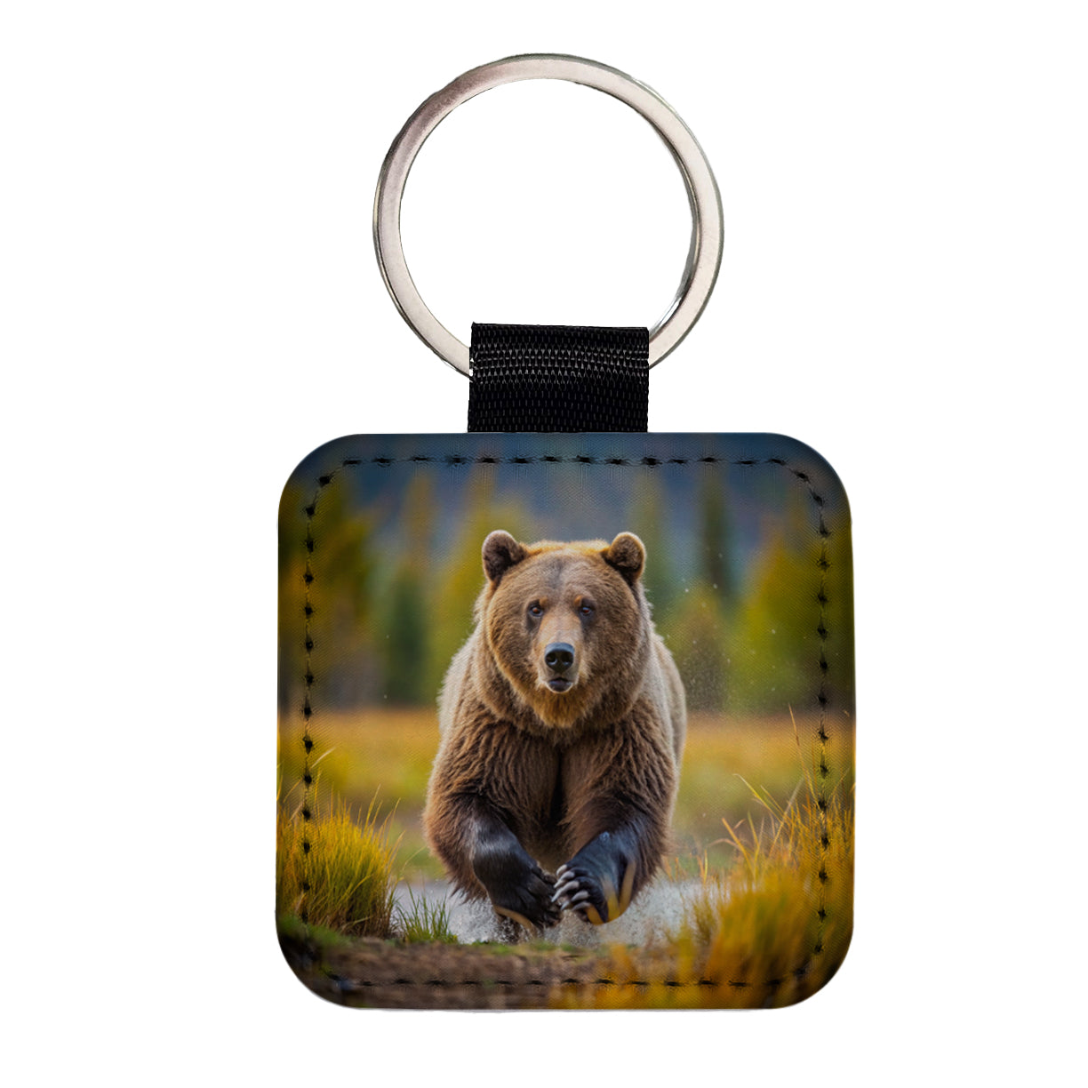 Grizzly Bear Chasing You Square Faux Leather Keychain