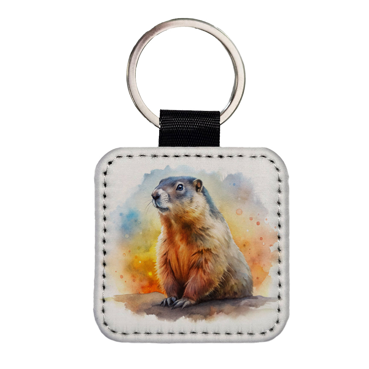Groundhog Watercolor Square Faux Leather Keychain