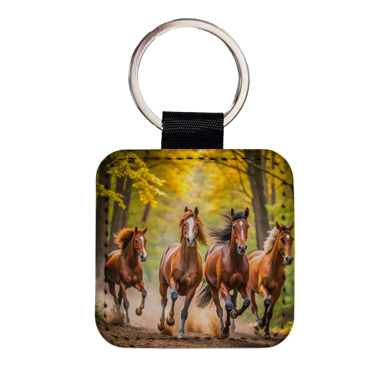 Horses Galloping Through The Forest Square Faux Leather Keychain