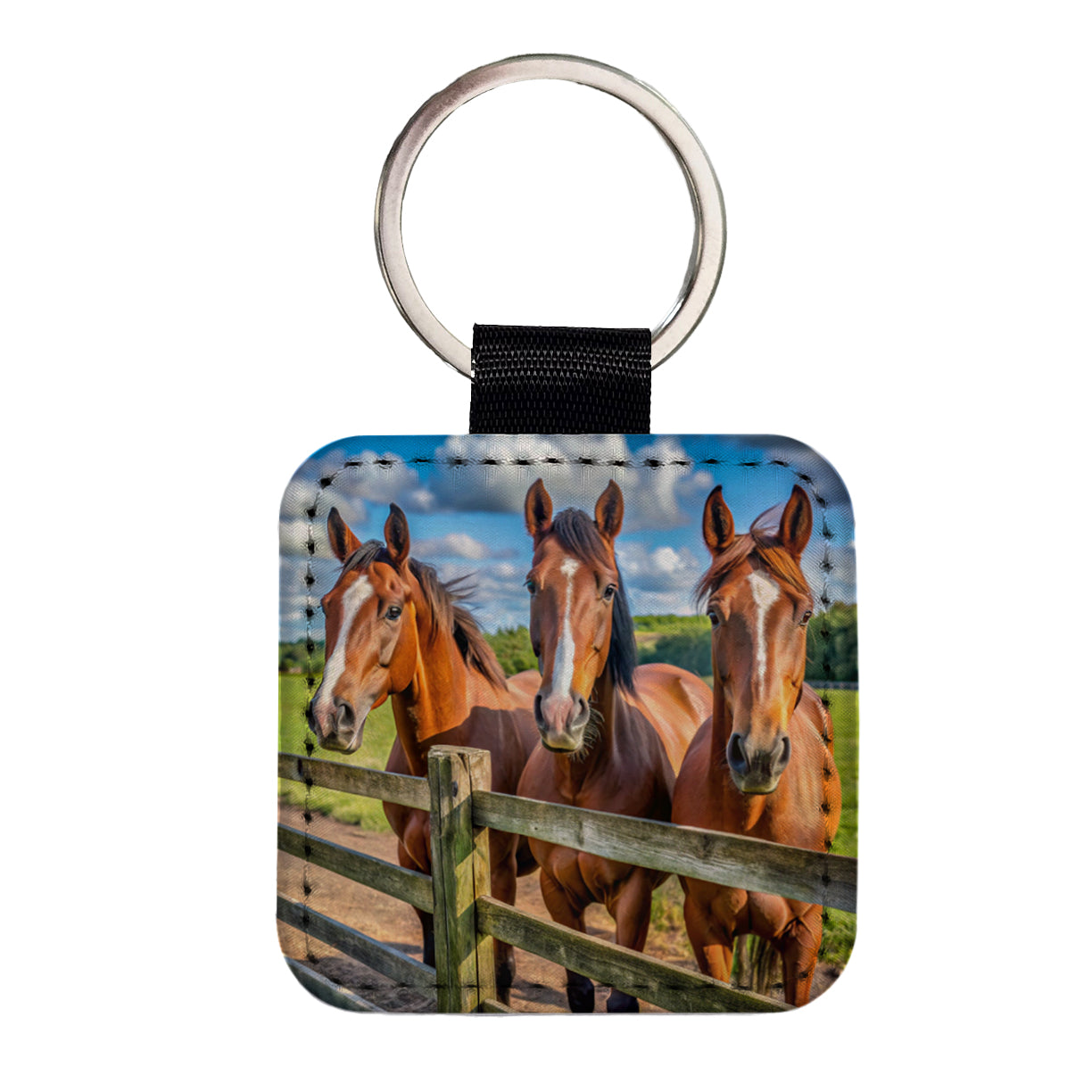 Horses Standing At The Fence Square Faux Leather Keychain