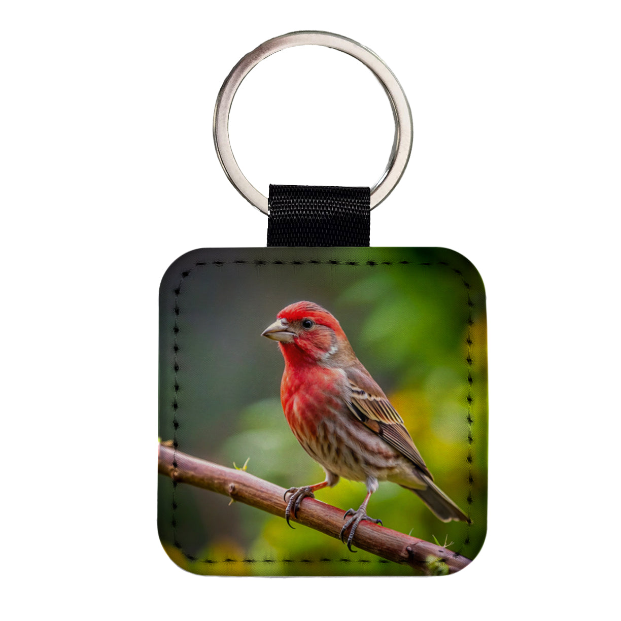 House Finch Backyard Bird Square Faux Leather Keychain