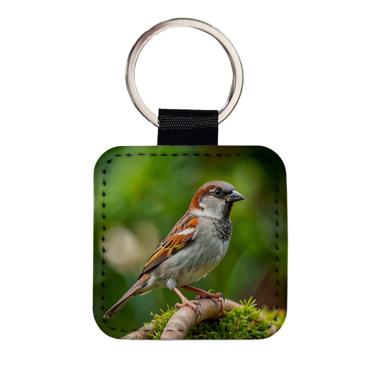 House Sparrow Backyard Bird Square Faux Leather Keychain