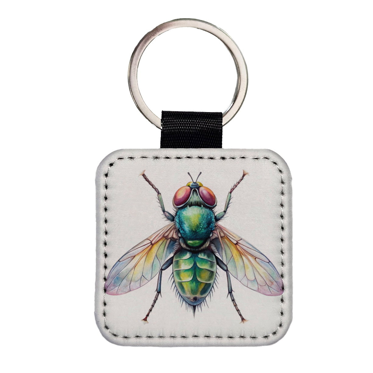Housefly Fly Watercolor Square Faux Leather Keychain
