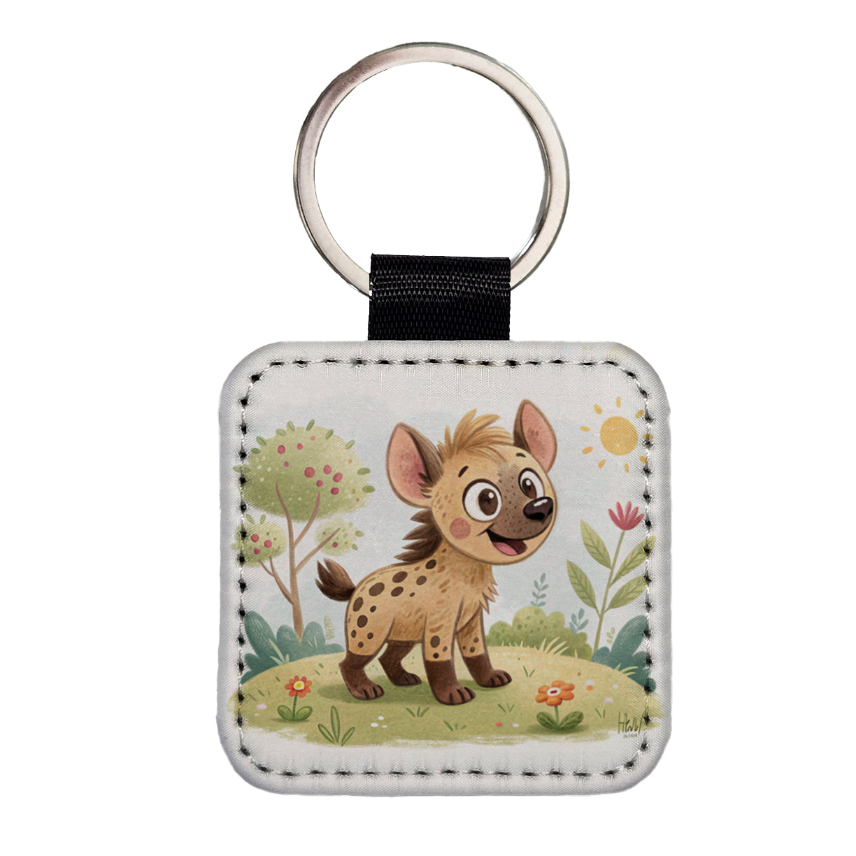 Hyena Children's Illustration Style Square Faux Leather Keychain