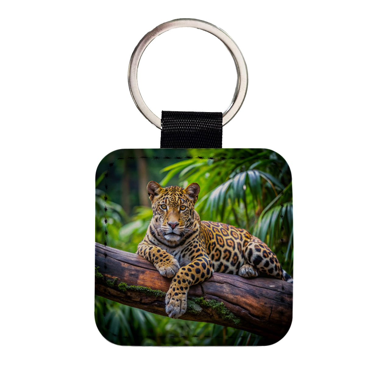 Jaguar Lying On Tree Limb In Jungle Square Faux Leather Keychain