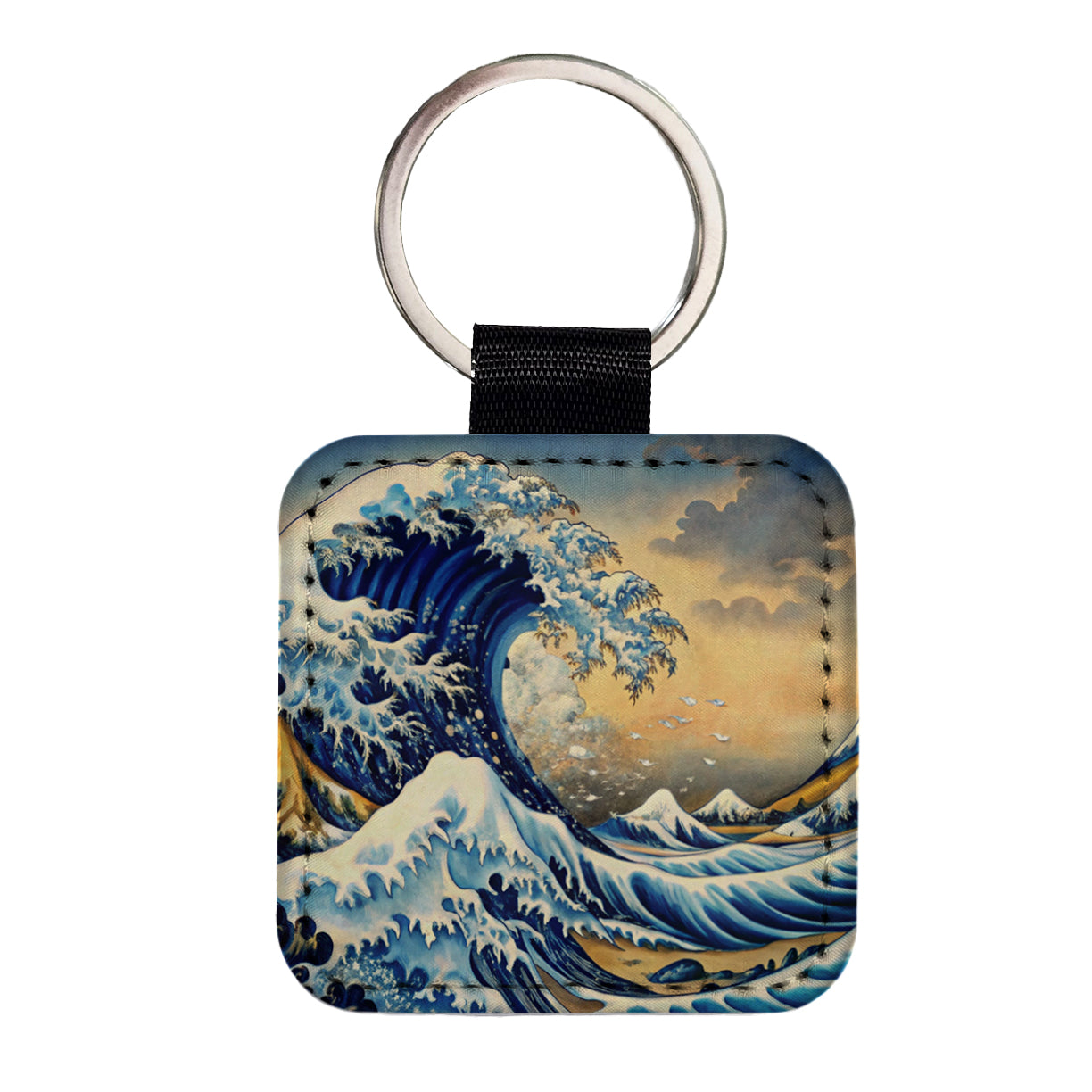 Japanese Blue Ocean Waves Ink Painting Square Faux Leather Keychain