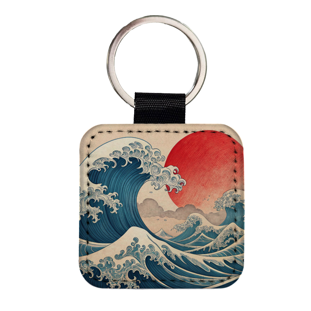 Japanese Blue Ocean Waves Large Sun Square Faux Leather Keychain