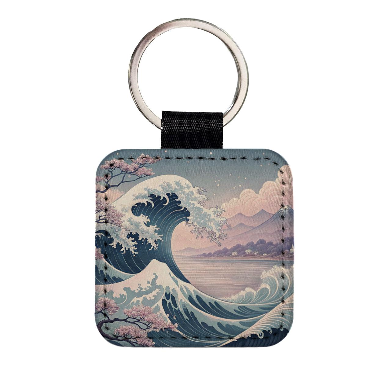 Japanese Blue Pink Ocean Waves and Sakura Blossoms Square Faux Leather Keychain