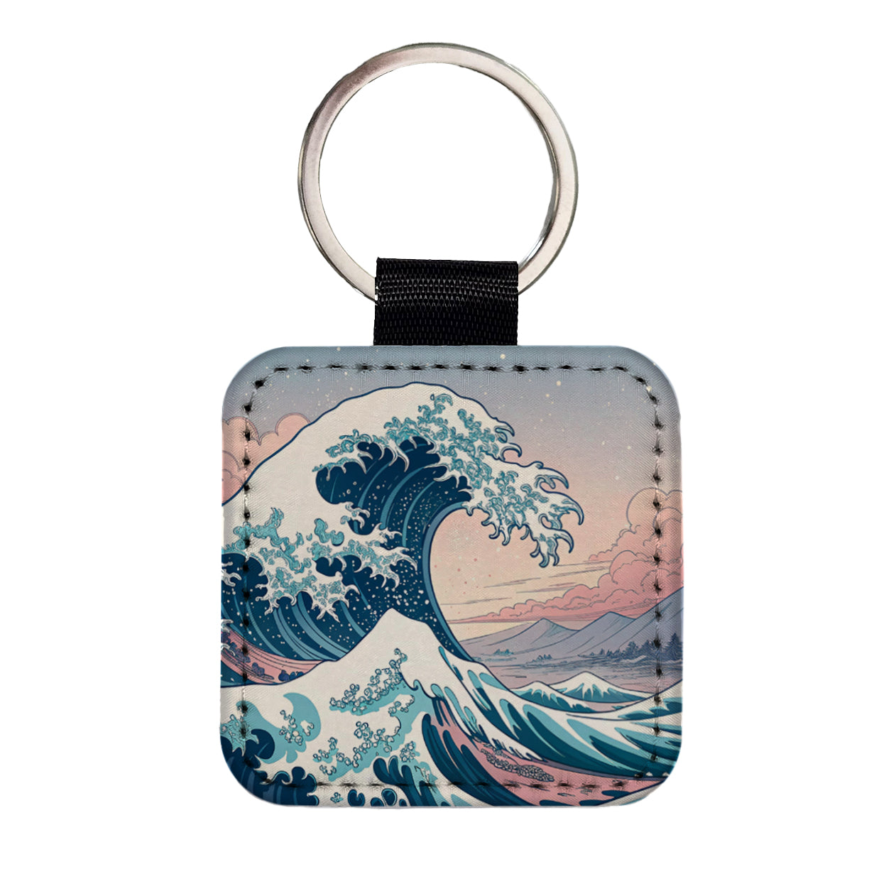 Japanese Blue Pink Ocean Waves Square Faux Leather Keychain